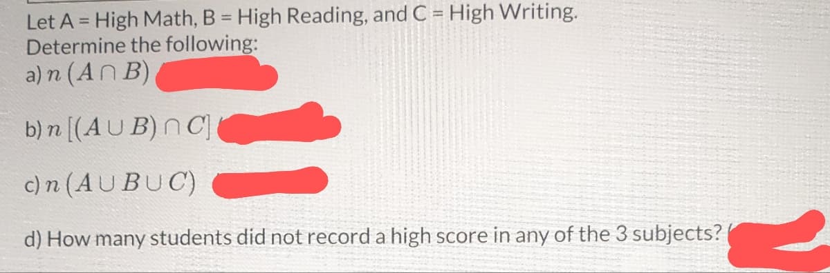 Let A = High Math, B = High Reading, and C = High Writing.
Determine the following:
a) n (An B)
b) n [(AUB) ng
c) n (AUBUC)
d) How many students did not record a high score in any of the 3 subjects?