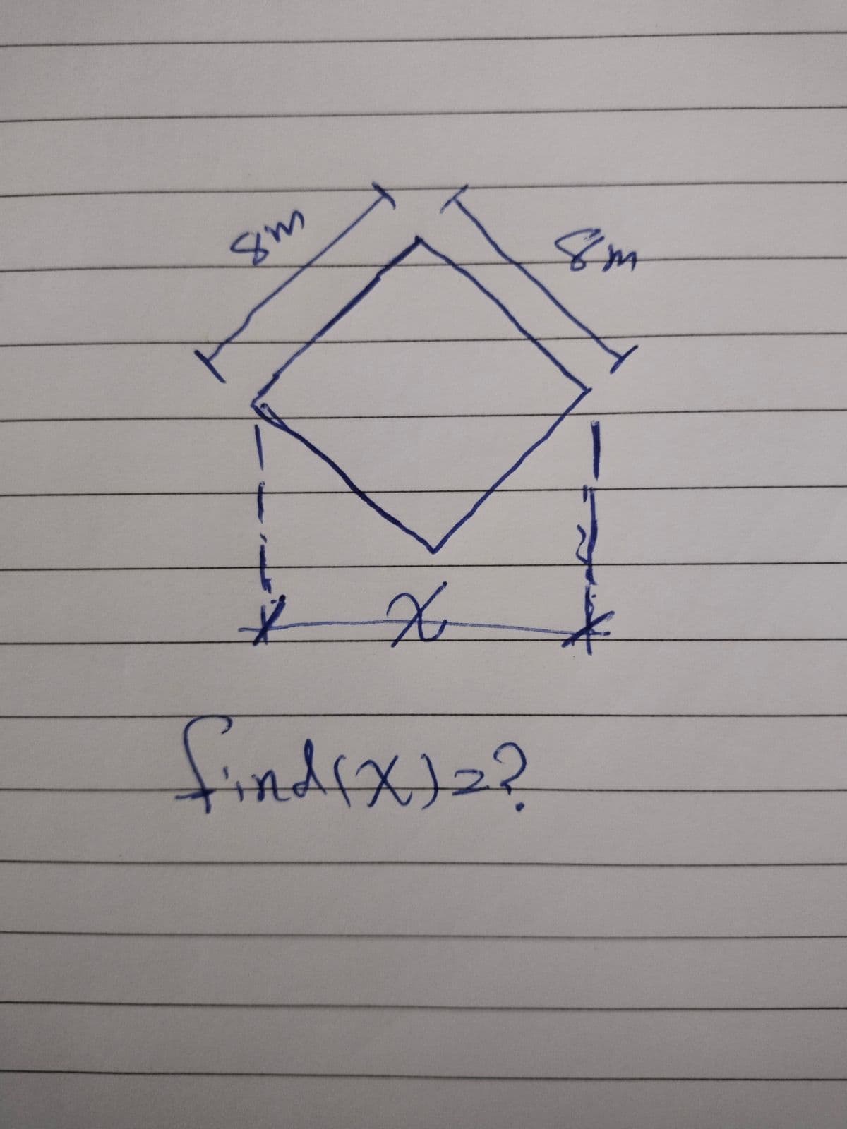 ### Geometric Problem: Finding \( x \)

#### Given:
A diamond (rhombus) is drawn. The arrangement shows that the diamond fits perfectly inside a square where the side length of the square is 8 meters. 

#### Diagram Details:
- The rhombus is rotated such that its vertices touch the midpoints of the square's sides.
- Two sides of the rhombus are labeled with their lengths (8 meters each). 
- The task is to find the length of \( x \) which represents the distance between two opposite sides of the rhombus (perpendicular distance across the center).

#### Problem Statement:
Find the value of \( x \)?

In mathematical terms, this problem involves understanding the relationship between the side length of the square and the side length of the rhombus, and utilizing geometric properties to determine the required distance \( x \).