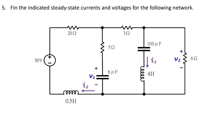 5. Fin the indicated steady-state currents and voltages for the following network.
20Ω
100μ F
50
50V
V2
6µ F
4H
V1
iz
0.5H
relle
+
