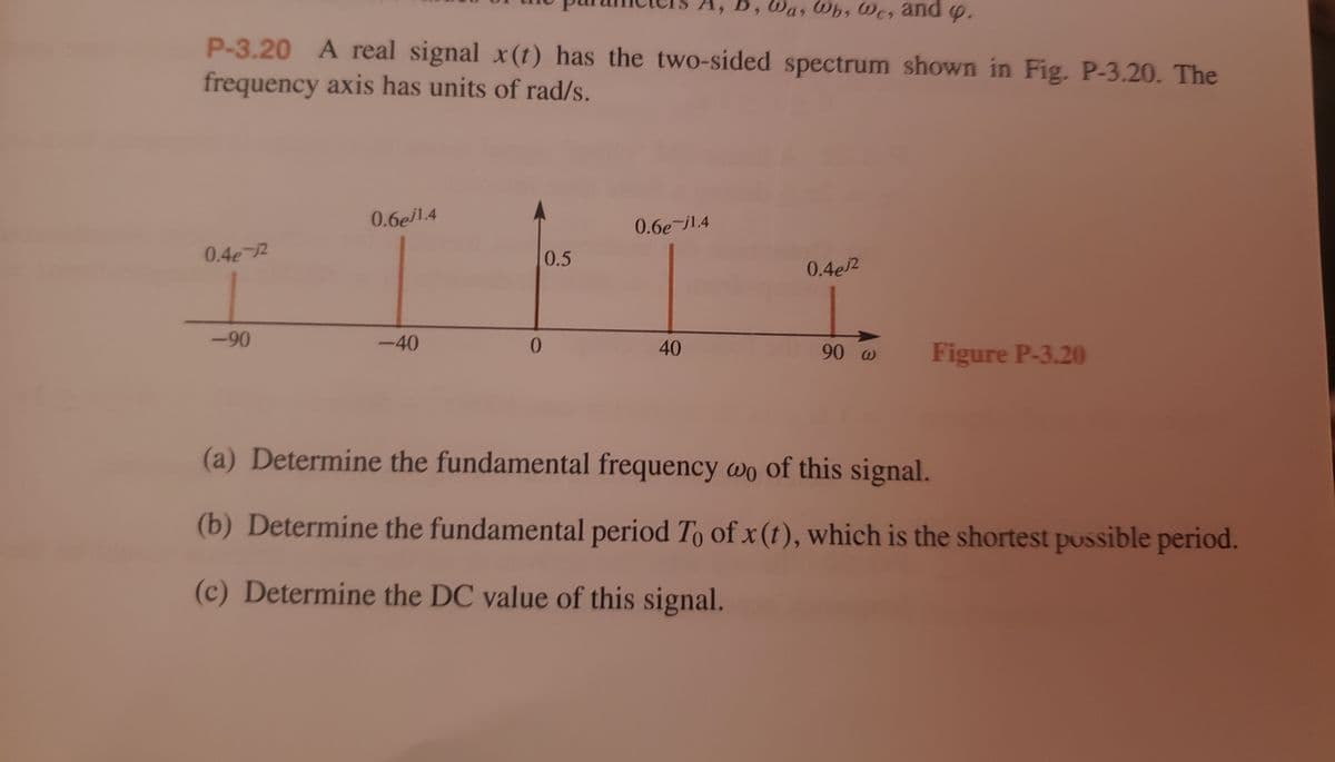 ### Problem P-3.20

A real signal \( x(t) \) has the two-sided spectrum shown in Figure P-3.20. The frequency axis has units of rad/s.

#### Graph Explanation:

The graph in Figure P-3.20 shows a two-sided spectrum with the frequency axis labeled in rad/s. The specific points and their values along the frequency axis (\(\omega\)) are:

- At \(\omega = -90\):
  - Amplitude = \(0.4e^{-j2}\)
  
- At \(\omega = -40\):
  - Amplitude = \(0.6e^{j1.4}\)
  
- At \(\omega = 0\):
  - Amplitude = \(0.5\)
  
- At \(\omega = 40\):
  - Amplitude = \(0.6e^{-j1.4}\)
  
- At \(\omega = 90\):
  - Amplitude = \(0.4e^{j2}\)

#### Questions

(a) Determine the fundamental frequency \(\omega_0\) of this signal.

(b) Determine the fundamental period \(T_0\) of \(x(t)\), which is the shortest possible period.

(c) Determine the DC value of this signal.