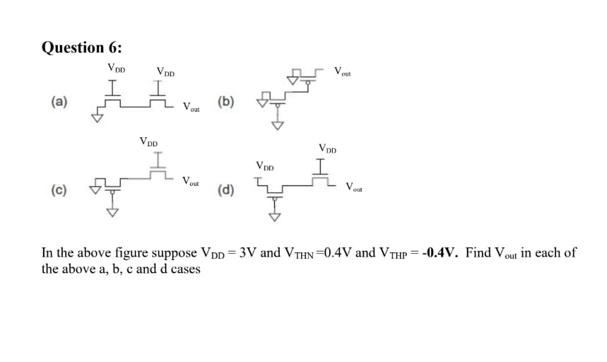 Question 6:
out
VDD
VDD
(a)
(b)
V out
VDD
VDD
VDD
Vout
(d)
(c)
In the above figure suppose VpD = 3V and VTHN=0.4V and VTHP = -0.4V. Find Vout in each of
the above a, b, c and d cases
