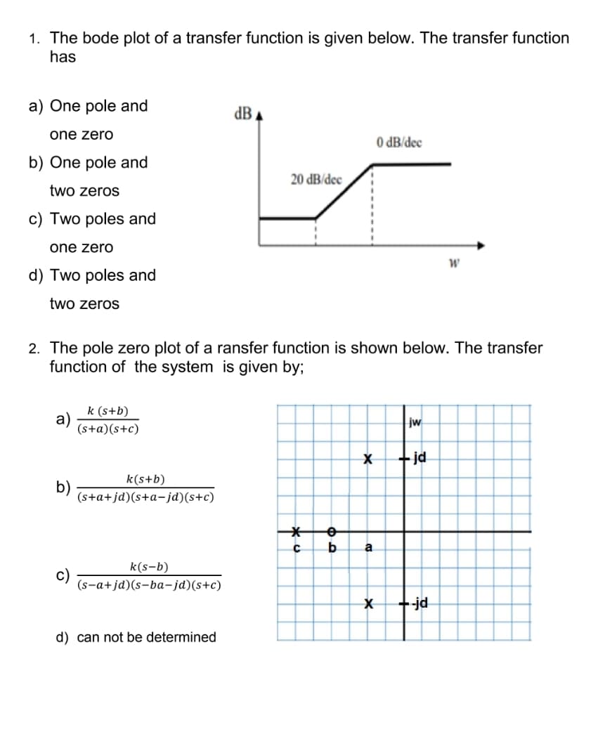 1. The bode plot of a transfer function is given below. The transfer function
has
a) One pole and
one zero
b) One pole and
two zeros
c) Two poles and
one zero
d) Two poles and
two zeros
a)
b)
2. The pole zero plot of a ransfer function is shown below. The transfer
function of the system is given by;
k (s+b)
(s+a)(s+c)
k(s+b)
(s+a+jd)(s+a-jd)(s+c)
k(s-b)
(s-a+jd)(s-ba-jd)(s+c)
dBA
d) can not be determined
20 dB/dec
* o
с b
X
a
0 dB/dec
X
jw
+jd
+jd