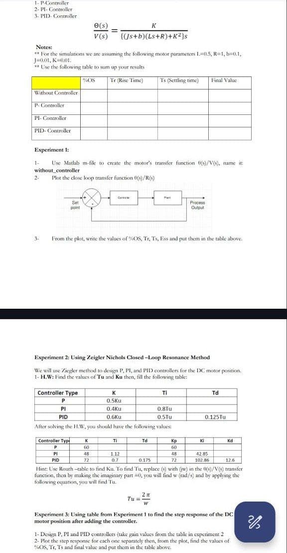 1- P-Controller
2- Pl-Controller
3- PID-Controller
Notes:
e(s)
V(s)
K
{(Js+b)(Ls+R)+K2}s
**For the simulations we are assuming the following motor parameters 1=0.5, R=1, b=0.1,
J=0.01, K=0.01.
**Use the following table to sum up your results
%OS
Tr (Rise Time)
Ts (Settling time)
Final Value
Without Controller:
P- Controller
PI- Controller
PID-Controller
Experiment 1:
1- Use Matlab m-file to create the motor's transfer function (s)/V(s), name it:
without controller
2-
Plot the close loop transfer function 6(s)/R(s)
3-
Set
point
Plant
Process
Output
From the plot, write the values of %OS, Tr, Ts, Ess and put them in the table above.
Experiment 2: Using Zeigler Nichols Closed-Loop Resonance Method
We will use Ziegler method to design P, PI, and PID controllers for the DC motor position.
1- H.W: Find the values of Tu and Ku then, fill the following table:
Controller Type
P
PI
PID
K
0.5Ku
0.4Ku
0.6Ku
TI
Td
0.8Tu
0.5Tu
0.125Tu
After solving the H.W, you should have the following values:
Controller Typ
K
Ti
P
60
Pl
48
1.12
PID
72
0.7
Td
0.175
Кр
Ki
Kd
60
48
42.85
72
102.86
12.6
Hint: Use Routh-table to find Ku. To find Tu, replace (s) with (jw) in the 0(s)/V(s) transfer
function, then by making the imaginary part =0, you will find w (rad/s) and by applying the
following equation, you will find Tu
2π
Tu=
Experiment 3: Using table from Experiment 1 to find the step response of the DC
motor position after adding the controller.
1- Design P, PI and PID controllers (take gain values from the table in experiment 2
2- Plot the step response for each one separately then, from the plot, find the values of
%OS, Tr, Ts and final value and put them in the table above.
30