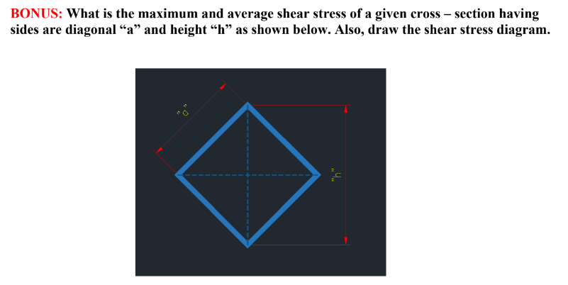 BONUS: What is the maximum and average shear stress of a given cross-section having
sides are diagonal "a" and height "h" as shown below. Also, draw the shear stress diagram.