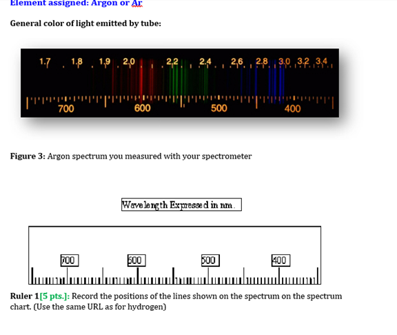 Element assigned: Argon or Ar
General color of light emitted by tube:
1.7 1.8 1.9 2,0
22 24 2,6 2.8 3.0 3.2 34.
יויויןיוידיוידידיוידי
700
600
500
400
Figure 3: Argon spectrum you measured with your spectrometer
Wavelength Expressed in nm.
200
500
500
سلسل
سالسه
400
Ruler 1[5 pts.]: Record the positions of the lines shown on the spectrum on the spectrum
chart. (Use the same URL as for hydrogen)