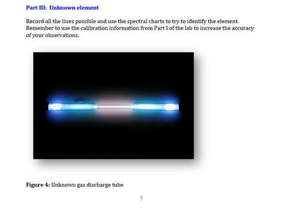 Part III: Unknown element
Record all the lines possible and use the spectral charts to try to identify the element.
Remember to use the calibration information from Part I of the lab to increase the accuracy
of your observations.
Figure 4: Unknown gas discharge tube
5