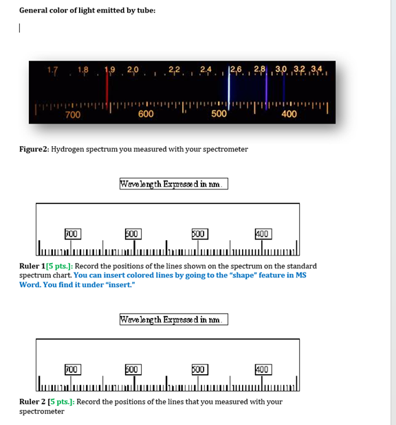 General color of light emitted by tube:
1.7
1.8 1,9
2,0
2,2 2.4
26 28 30 32 34
wwwwwww
700
600
500'
400
Figure 2: Hydrogen spectrum you measured with your spectrometer
Wavelength Expressed in nm.
700
500
500
400
Ruler 1[5 pts.]: Record the positions of the lines shown on the spectrum on the standard
spectrum chart. You can insert colored lines by going to the "shape" feature in MS
Word. You find it under "insert."
700
ساس
Wavelength Expressed in nm.
600
500
400
Ruler 2 [5 pts.]: Record the positions of the lines that you measured with your
spectrometer