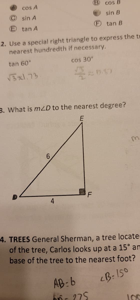 cos A
sin A
tan A
B
2. Use a special right triangle to express the tr
nearest hundredth if necessary.
tan 60°
cos 30°
√3x1.73
cos B
sin B
tan B
2007
3. What is m2D to the nearest degree?
E
F
AB-b
6-275
m
4. TREES General Sherman, a tree locate
of the tree, Carlos looks up at a 15° am
base of the tree to the nearest foot?
<B-150
100