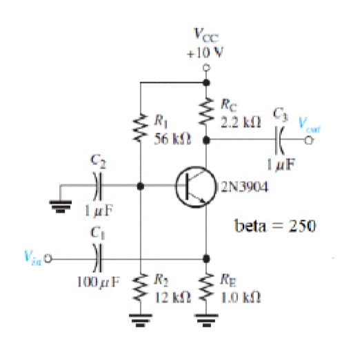 1 μF
C₁
카
100μF
www
www.I
R₁
56 k
R₂
Voc
+10 V
D
12 k
www.l
Rc
2.2 k
12N3904
RE
Vot
to
1 μF
beta = 250
1.0 k