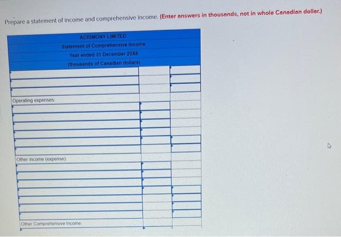 Prepare a statement of income and comprehensive income. (Enter answers in thousands, not in whole Canadian dollar.)
ACRIMONY LIMITED
Statement of Comprehensive Income
Year ended 31 December 20X8
(thousands of Canadian dollars)
Operating expenses
Other income (expense)
Other Comprehensive Income: