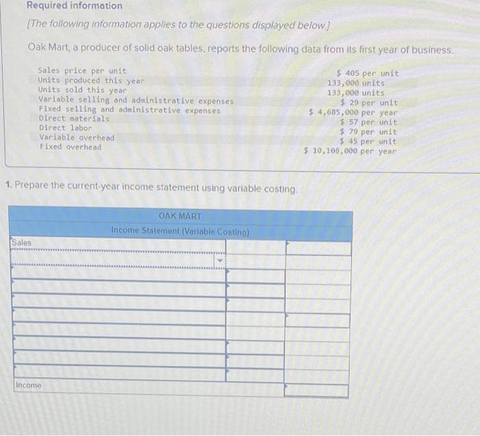 Required information
[The following information applies to the questions displayed below.]
Oak Mart, a producer of solid oak tables, reports the following data from its first year of business.
Sales price per unit
Units produced this year
Units sold this year
Variable selling and administrative expenses
Fixed selling and administrative expenses
Direct materials
Direct labor
Variable overhead
Fixed overhead
1. Prepare the current-year income statement using variable costing.
Sales
Income
OAK MART
Income Statement (Variable Costing)
$ 405 per unit
133,000 units
133,000 units
$ 29 per unit
$ 4,685,000 per year
$ 57 per unit
$ 79 per unit
$45 per unit
$ 10,108,000 per year