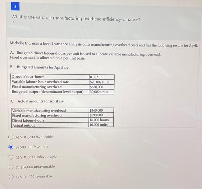 3
What is the variable manufacturing overhead efficiency variance?
Michelle Inc. uses a level 4 variance analysis of its manufacturing overhead costs and has the following results for April.
A. Budgeted direct labour-hours per unit is used to allocate variable manufacturing overhead.
Fixed overhead is allocated on a per unit basis.
B. Budgeted amounts for April are:
Direct labour-hours
Variable labour-hour overhead rate
Fixed manufacturing overhead
Budgeted output (denominator level output)
C. Actual amounts for April are:
Variable manufacturing overhead
Fixed manufacturing overhead
Direct labour-hours
Actual output
A) $181,200 favourable
B) $80,000 favourable
C) $101,200 unfavourable.
D) $84,000 unfavourable
OE) $101,200 favourable
0.30/unit
$20.00/DLH
$630,000
30,000 units
$340,000
$590,000
16,000 hours
40,000 units