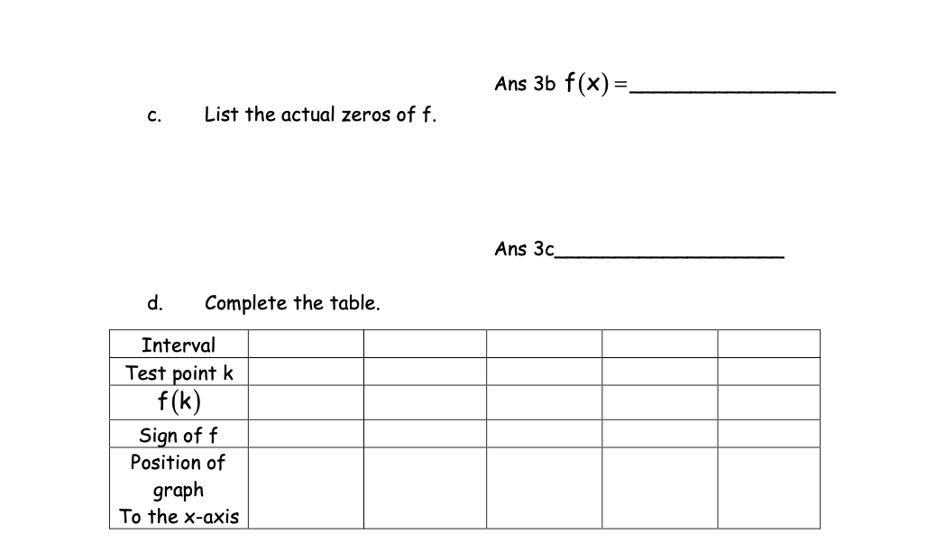 Ans 3b f(x) =.
с.
List the actual zeros of f.
Ans 3c
d.
Complete the table.
Interval
Test point k
f (k)
Sign of f
Position of
graph
To the x-axis
