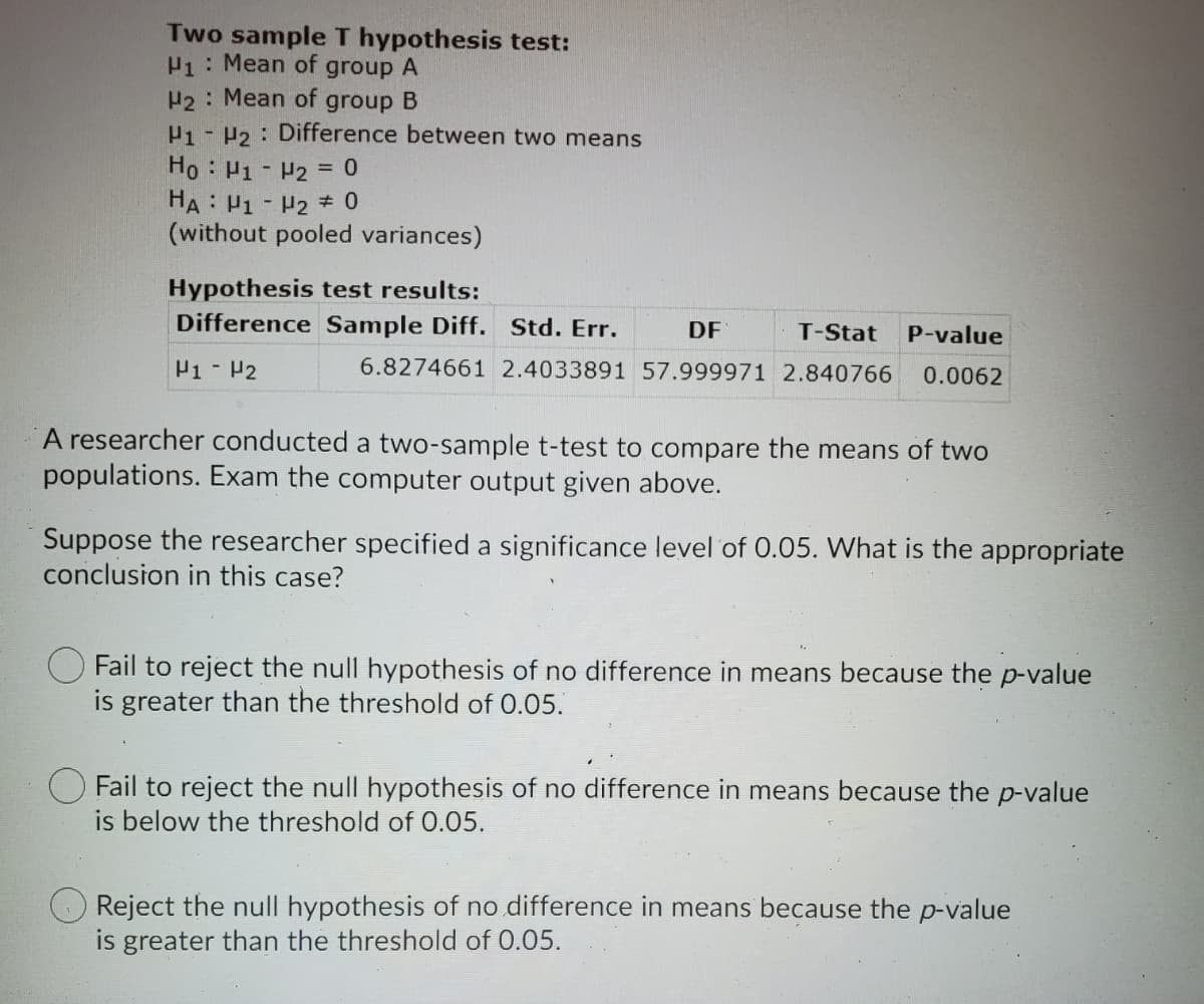 Two sample T hypothesis test:
P1: Mean of group A
P2: Mean of group B
H - H2: Difference between two means
Ho: H1- P2 = 0
HA: P1 - P2 # 0
(without pooled variances)
Hypothesis test results:
Difference Sample Diff. Std. Err.
DF
T-Stat
P-value
P1 - P2
6.8274661 2.4033891 57.999971 2.840766
0.0062
A researcher conducted a two-sample t-test to compare the means of two
populations. Exam the computer output given above.
Suppose the researcher specified a significance level of 0.05. What is the appropriate
conclusion in this case?
Fail to reject the null hypothesis of no difference in means because the p-value
is greater than the threshold of 0.05.
Fail to reject the null hypothesis of no difference in means because the p-value
is below the threshold of 0.05.
Reject the null hypothesis of no difference in means because the p-value
is greater than the threshold of 0.05.
