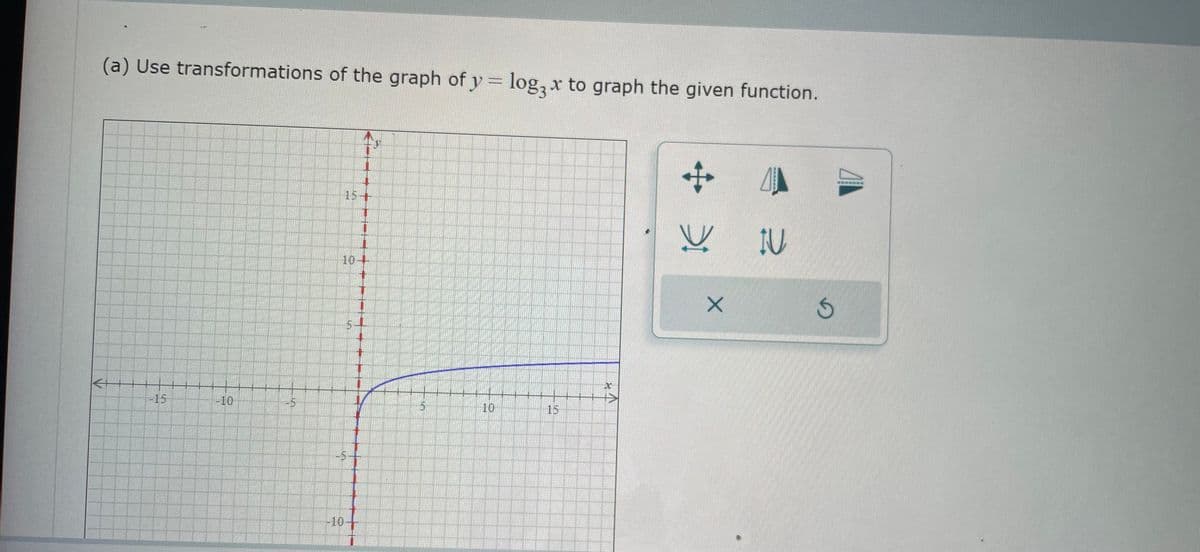 (a) Use transformations of the graph of y = log3 x to graph the given function.
-15
-10
5₁
15+
==
-5
10--
-10-
=
+
10
15
V
+
_
V
X
2
NU
3
- a