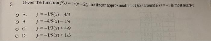 5.
Given the function f(x)=1/(x-2), the linear approximation of f(x) around f(x)=-1 is most nearly:
y = -1/9(x) - 4/9
y = -4/9(x) - 1/9
y=-1/3(x) + 4/9
y=-1/9(x) + 1/3
O A.
COB.
O C.
O D.