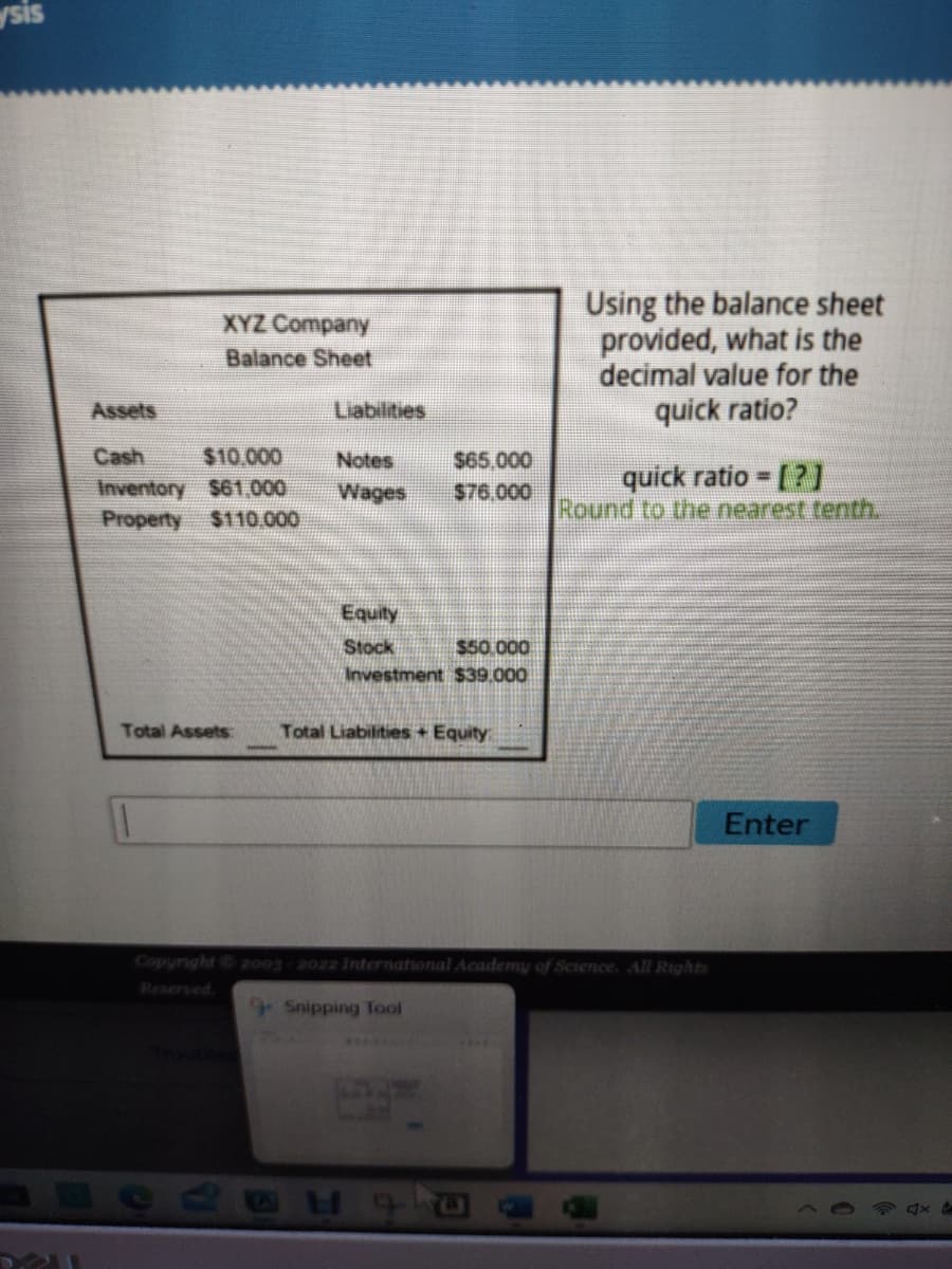 sis
Assets
XYZ Company
Balance Sheet
Liabilities
Cash
$10.000
Notes
Inventory $61,000 Wages
Property $110.000
Equity
Stock
$65,000
$76,000
$50,000
Investment $39.000
Total Assets: Total Liabilities + Equity
Using the balance sheet
provided, what is the
decimal value for the
quick ratio?
CHERCHE
quick ratio=[?]
Round to the nearest tenth.
Copyright © 2003-2022 International Academy of Science. All Rights
Snipping Tool
Enter
xe