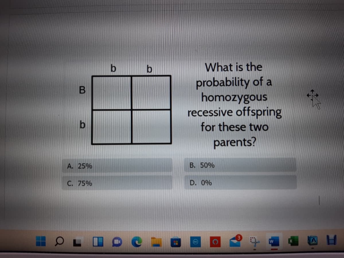 What is the
probability of a
homozygous
recessive offspring
for these two
parents?
A. 25%
B. 50%
C. 75%
D. 0%
