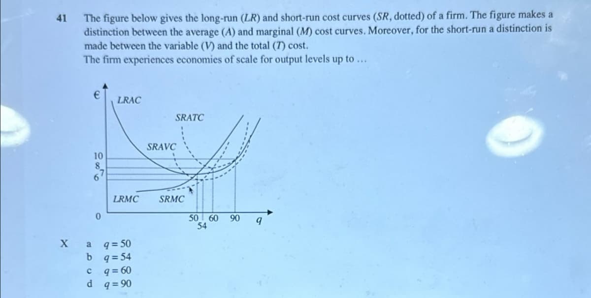 41
The figure below gives the long-run (LR) and short-run cost curves (SR, dotted) of a firm. The figure makes a
distinction between the average (A) and marginal (M) cost curves. Moreover, for the short-run a distinction is
made between the variable (V) and the total (7) cost.
The firm experiences economies of scale for output levels up to...
€
LRAC
SRATC
SRAVC
986
10
0
LRMC SRMC
X
a
9=50
b q=54
c q=60
d q=90
50 60 90
54
9