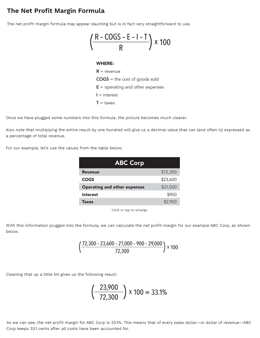 The Net Profit Margin Formula
The net profit margin formula may appear daunting but is in fact very straightforward to use.
352- E-1-T) X
R
R-COGS-E-I-T
WHERE:
R = revenue
COGS = the cost of goods sold
E = operating and other expenses
I = interest
T = taxes
Once we have plugged some numbers into this formula, the picture becomes much clearer.
Also note that multiplying the entire result by one hundred will give us a decimal value that can (and often is) expressed as
a percentage of total revenue.
For our example, let's use the values from the table below.
ABC Corp
Revenue
COGS
Operating and other expenses
Interest
Taxes
Click or tap to enlarge
x 100
Cleaning that up a little bit gives us the following result:
With this information plugged into the formula, we can calculate the net profit margin for our example ABC Corp, as shown
below.
( 72,300 - 23,600 - 21,000 - 900 – 29,000): x 100
23,900
72,300
-)
$72,300
$23,600
$21,000
$900
$2,900
x 100 = 33.1%
As we can see, the net profit margin for ABC Corp is 33.1%. This means that of every sales dollar-or dollar of revenue-ABC
Corp keeps 33.1 cents after all costs have been accounted for.