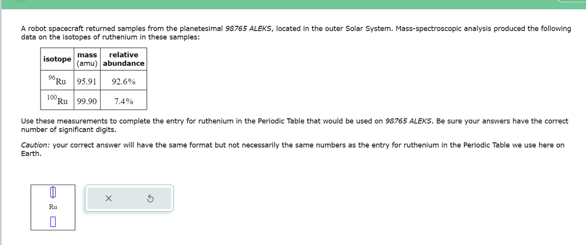 A robot spacecraft returned samples from the planetesimal 98765 ALEKS, located in the outer Solar System. Mass-spectroscopic analysis produced the following
data on the isotopes of ruthenium in these samples:
isotope
96
Ru
100.
mass relative
(amu) abundance
95.91
92.6%
Ru 99.90
Use these measurements to complete the entry for ruthenium in the Periodic Table that would be used on 98765 ALEKS. Be sure your answers have the correct
number of significant digits.
Ru
7.4%
Caution: your correct answer will have the same format but not necessarily the same numbers as the entry for ruthenium in the Periodic Table we use here on
Earth.
X