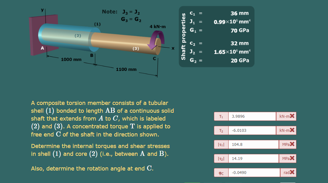 Note: J3 = J,
G3 = G2
36 mm
0.99x106 mm²
(1)
4 kN-m
70 GPa
(2)
32 mm
(3)
J, =
1.65×10° mm“
B
1000 mm
C
20 GPa
1100 mm
A composite torsion member consists of a tubular
shell (1) bonded to length AB of a continuous solid
shaft that extends from A to C, which is labeled
(2) and (3). A concentrated torque T is applied to
free end C of the shaft in the direction shown.
3.9896
kN-mX
T2
-6.0103
kN-mX
104.8
MPAX
Determine the internal torques and shear stresses
in shell (1) and core (2) (i.e., between A and B).
14.19
MPAX
Also, determine the rotation angle at end C.
PC
-0.0490
radX
Shaft properties
I| || |
