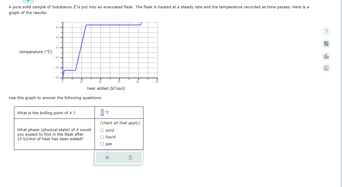 A pure solid sample of Substance X is put into an evacuated flask. The flask is heated at a steady rate and the temperature recorded as time passes. Here is a
graph of the results:
temperature (°C)
50.
30.-
10.
- 10.
-30..
- 50.
heat added (kJ/mol)
Use this graph to answer the following questions:
What is the boiling point of X ?
What phase (physical state) of X would
you expect to find in the flask after
15 kJ/mol of heat has been added?
°C
U
x
40.
(check all that apply)
O solid
O liquid
O gas
?
ol.
Ar