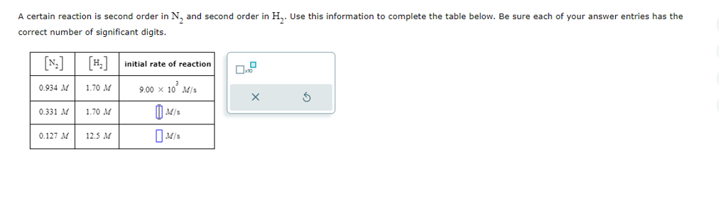 A certain reaction is second order in N₂ and second order in H₂. Use this information to complete the table below. Be sure each of your answer entries has the
correct number of significant digits.
0.934 M
0.331 M
0.127 M
1.70 M
1.70 M
12.5 M
initial rate of reaction
9.00 × 10² M/s
M/S
M/s