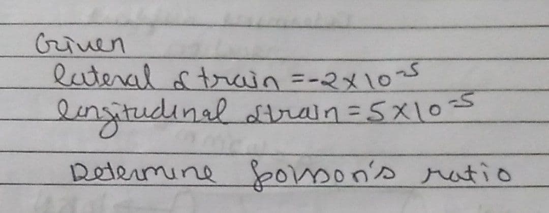 Griven
lateral strain =-2x1025
lengitudinaldtrain=5X10=5
Retermine fporson's ratio
