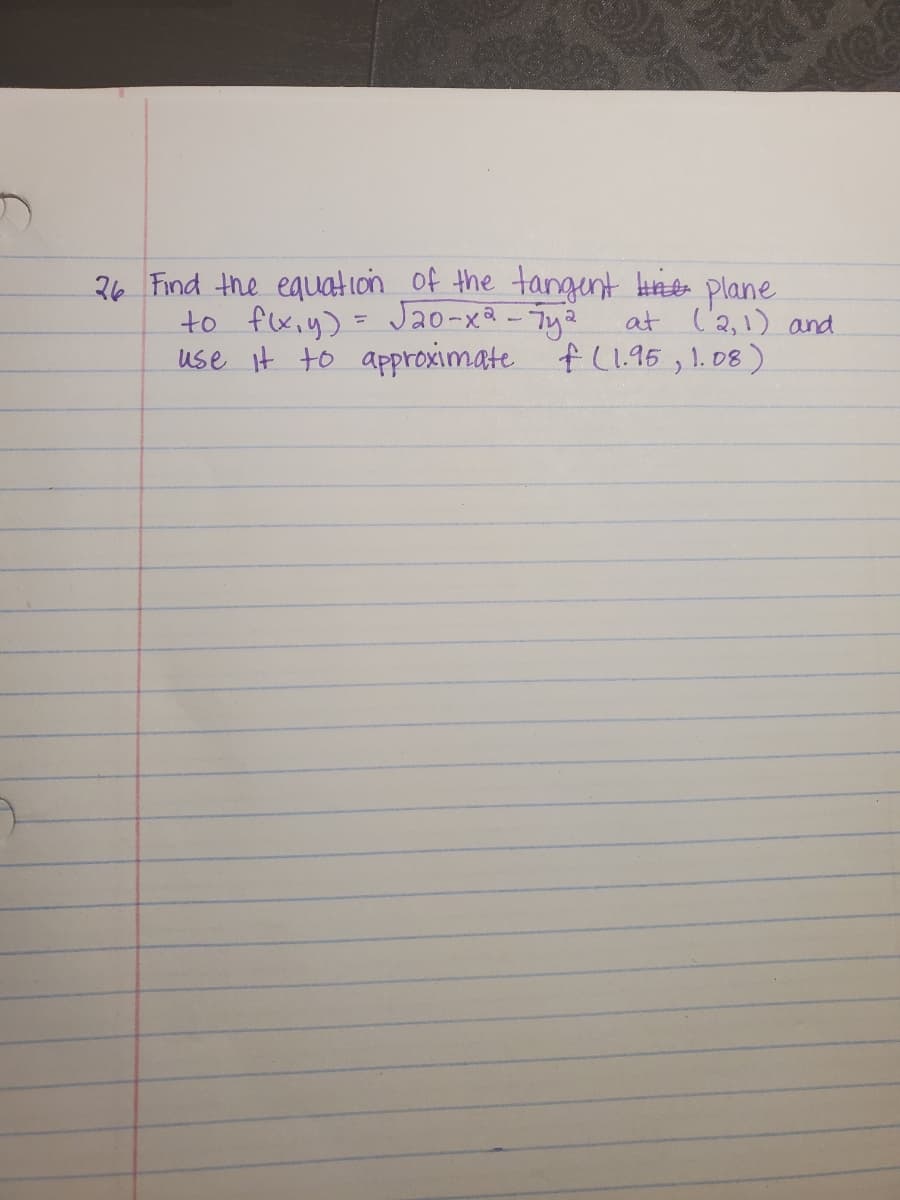 36 Find the equation of the tangent Hie plane
to fxiy) = Jao-xa - Tya
use it to approximate fL1.95,1.08)
at l'2,1) and
