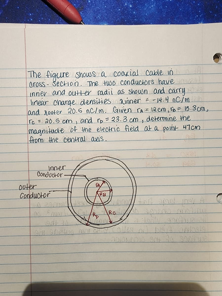 The figure shows a coaxial cable in
Cross-Section. The two conductors have
inner and outter radii as shown and carry oslo
linear charge densities winner = -14.4 nC/m 12h
and nouter 20.5 nc/m. Given rA = 12 cm, r = 13.3cm,
rc = 20.5 cm, and rp = 23.3 cm, determine the
magnitude of the electric field at a point 47cm
from the central axis.
Inner
Conductor.
outer
Conductor
97134
Adt 9bialog m
ARD
RB
0821
whoog tolk oprol inv
Relish corona
21 tonly 3.2072 2til
Calls on Digitalels
2010 6000 904 30 900tival