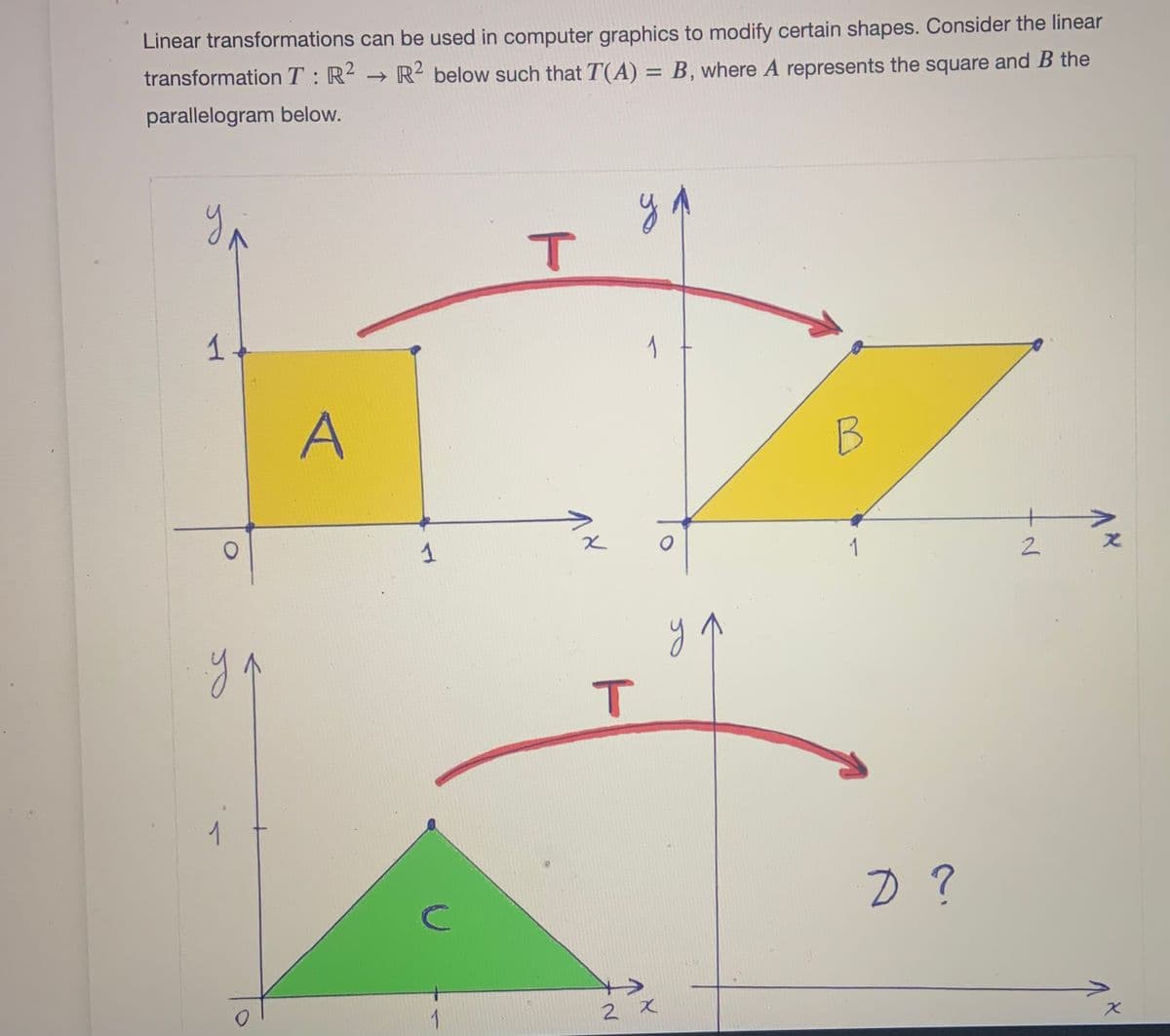 Linear transformations can be used in computer graphics to modify certain shapes. Consider the linear
transformation T: R2 R2 below such that T(A) = B, where A represents the square and B the
parallelogram below.
1
1
B
1
1
y.
y
1
1
2 X
T
