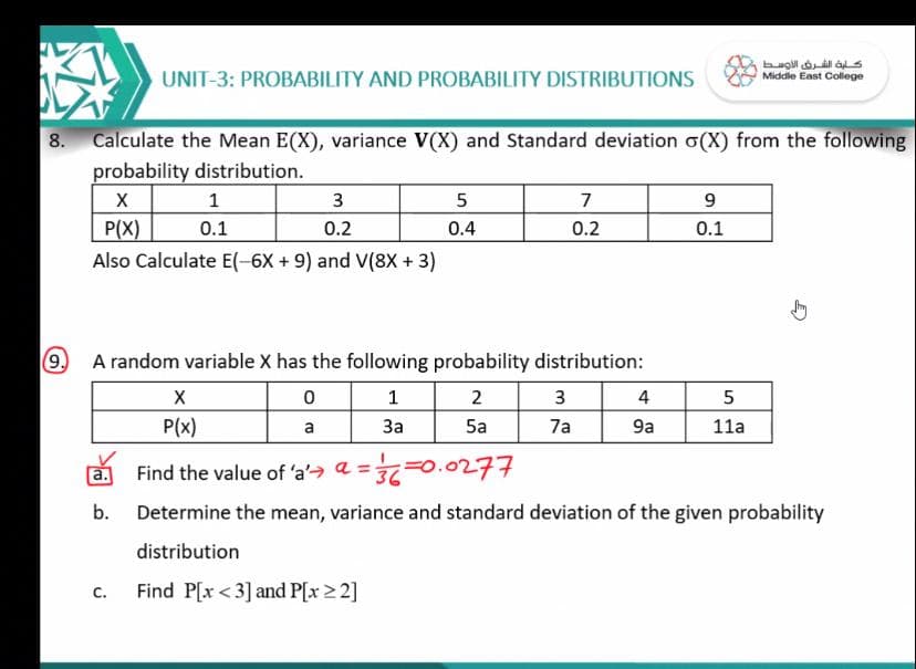 كلية الشرق الأوسط
Middle East College
UNIT-3: PROBABILITY AND PROBABILITY DISTRIBUTIONS
Calculate the Mean E(X), variance V(X) and Standard deviation o(X) from the following
probability distribution.
X
P(X)
8.
1
3
5
7
9.
0.1
0.2
0.4
0.2
0.1
Also Calculate E(-6X + 9) and V(8X + 3)
9.
A random variable X has the following probability distribution:
1
2
3
4
P(x)
a
За
5a
7a
9a
11a
Find the value of 'a' a = =0.0277
b.
Determine the mean, variance and standard deviation of the given probability
distribution
Find P[x <3] and P[x 2 2]
c.
