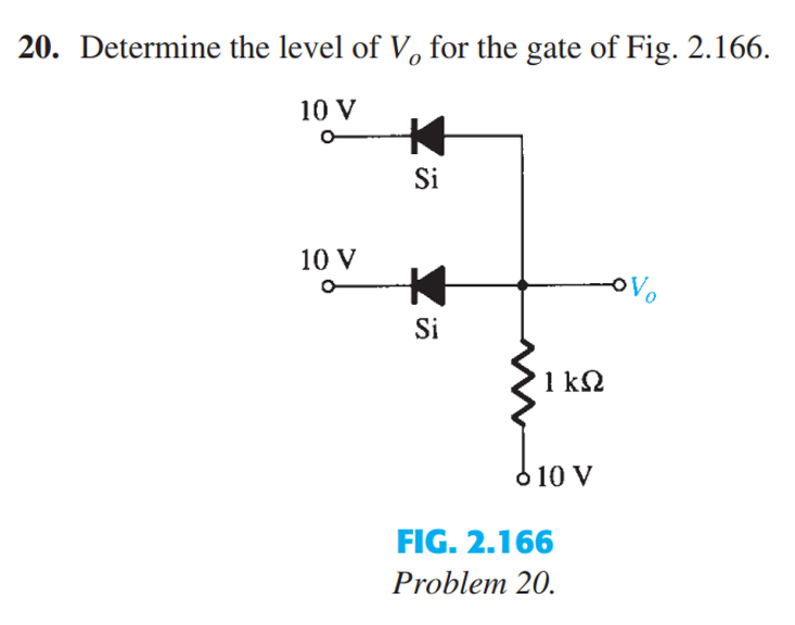 20. Determine the level of V, for the gate of Fig. 2.166.
10 V
O
10 V
★
Si
➜
Si
1kΩ
610 V
FIG. 2.166
Problem 20.