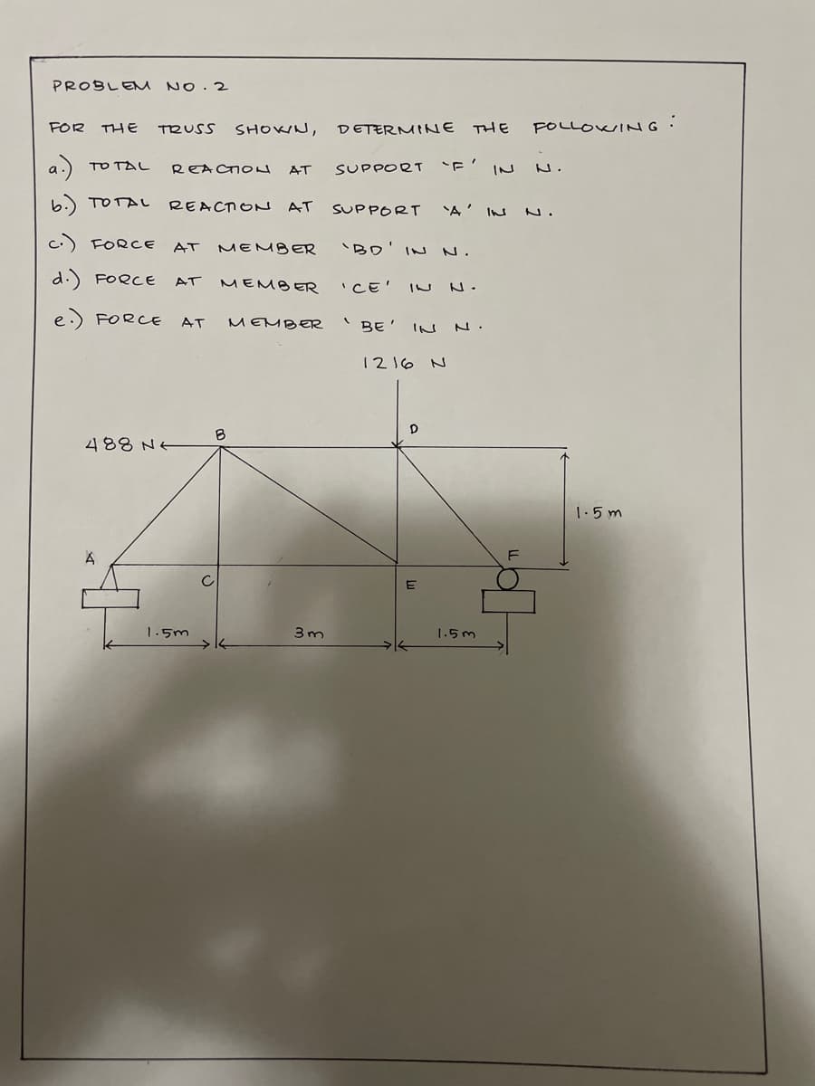 PROBLEM NO. 2
FOR THE
TRUSS SHOWN,
DETERMINNE THE
FOLLOWING
a.) TO TAL
-F' IN
REACTIOd
AT
SUPPORT 'F'
b.) TOTAL
REACTON AT SUPPORT A' In N.
c.) FORCE
AT MEMBER
'BD' IN N.
d.) FORCE
AT
MEMBER 'CE' In N.
e.) FORCE
MEMBER
AT
BE' IN
1216 N
488 Nt
1.5m
F
C
1.5m k
3 m
1.5m
