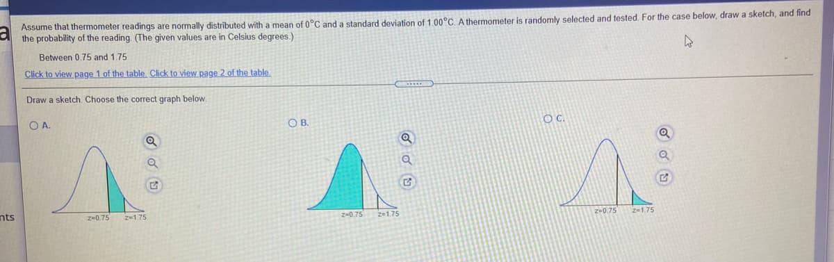 Assume that thermometer readings are normally distributed with a mean of 0°C and a standard deviation of 1.00°C. A thermometer is randomly selected and tested. For the case below, draw a sketch, and find
the probability of the reading. (The given values are in Celsius degrees.)
Between 0.75 and 1.75
Click to view page 1 of the table. Click to view page 2 of the table.
Draw a sketch. Choose the correct graph below.
O A.
OB.
OC.
z-0.75
z-1.75
nts
z=0.75
z-1.75
z-0.75
2-1.75
