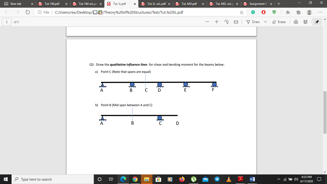 Q3. Draw the qualitative influence lines for shear and bending moment for the beams below:
a) Point C (Note that spans are equal)
A
B
C
D
E
b) Point B (Mid span between A and C)
A
В
D
