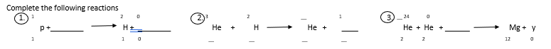 Complete the following reactions
2
24
p+
He +
He +
Не + Не +
Mg + y
1
2
12
