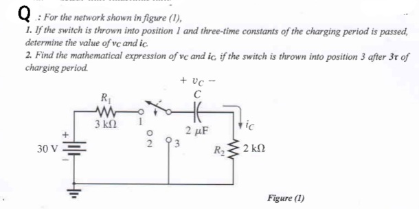 Q : For the network shown in figure (1),
1. If the switch is thrown into position 1 and three-time constants of the charging period is passed,
determine the value of vc and ic.
2. Find the mathematical expression of vc and ic, if the switch is thrown into position 3 after 3t of
charging period.
+ vc -
C
R
3 kN
1
tic
2 µF
2 93
30 V
R2
2 kN
Figure (1)
