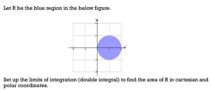 Let R be the blue region in the below figure.
Set up the limits of integration (double integral) to find the area of R in cartesian and
polar coordinates.