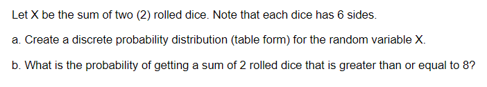 Let X be the sum of two (2) rolled dice. Note that each dice has 6 sides.
a. Create a discrete probability distribution (table form) for the random variable X.
b. What is the probability of getting a sum of 2 rolled dice that is greater than or equal to 8?