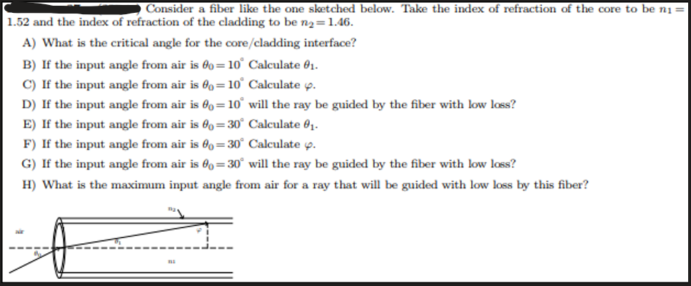 Consider a fiber like the one sketched below. Take the index of refraction of the core to be n₁ =
1.52 and the index of refraction of the cladding to be n₂ = 1.46.
A) What is the critical angle for the core/cladding interface?
B) If the input angle from air is 00= 10° Calculate 01.
C) If the input angle from air is 80-10° Calculate y.
D) If the input angle from air is 00=10° will the ray be guided by the fiber with low loss?
E) If the input angle from air is 00=30° Calculate 0₁.
F) If the input angle from air is 00=30° Calculate y.
G) If the input angle from air is 00=30° will the ray be guided by the fiber with low loss?
H) What is the maximum input angle from air for a ray that will be guided with low loss by this fiber?