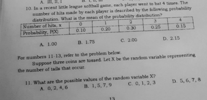 А. I, I,
10. In a recent little league softball game, each player went to bat 4 times. The
number of hits made by each player is described by the following probability
distribution. What is the mean of the probability distribution?
Number of hits, x
Probability, P(X)
3.
0.25
2.
4
0.10
0.20
0.30
0.15
A. 1.00
В. 1.75
С. 2.00
D. 2.15
For numbers 11-13, refer to the problem below.
Suppose three coins are tossed. Let X be the random variable representing
the number of tails that occur.
11. What are the possible values of the random variable X?
B. 1, 5, 7,9
A. 0, 2, 4, 6
C. 0, 1, 2, 3
D. 5, 6, 7, 8
