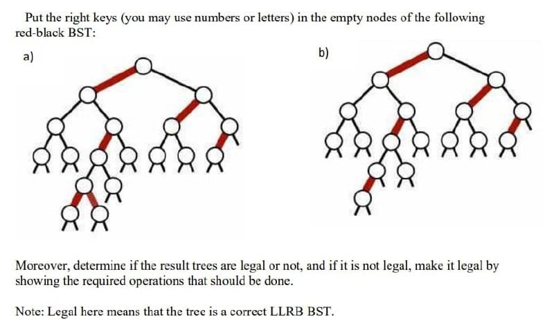 Put the right keys (you may use numbers or letters) in the empty nodes of the following
red-black BST:
a)
b)
8
88
Moreover, determine if the result trees are legal or not, and if it is not legal, make it legal by
showing the required operations that should be done.
Note: Legal here means that the tree is a correct LLRB BST.