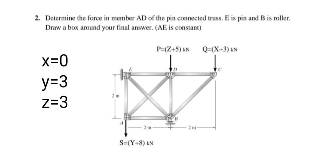 2. Determine the force in member AD of the pin connected truss. E is pin and B is roller.
Draw a box around your final answer. (AE is constant)
P=(Z+5) kN
Q=(X+3) kN
x=0
y=3
2 m
z=3
2 m
2 m
S=(Y+8) kN
