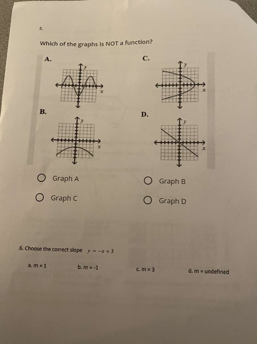 5.
Which of the graphs is NOT a function?
А.
С.
D.
O Graph A
Graph B
O Graph C
O Graph D
.6. Choose the correct slope y = -x+3
a. m = 1
b. m = -1
C. m = 3
d. m = undefined
B.
