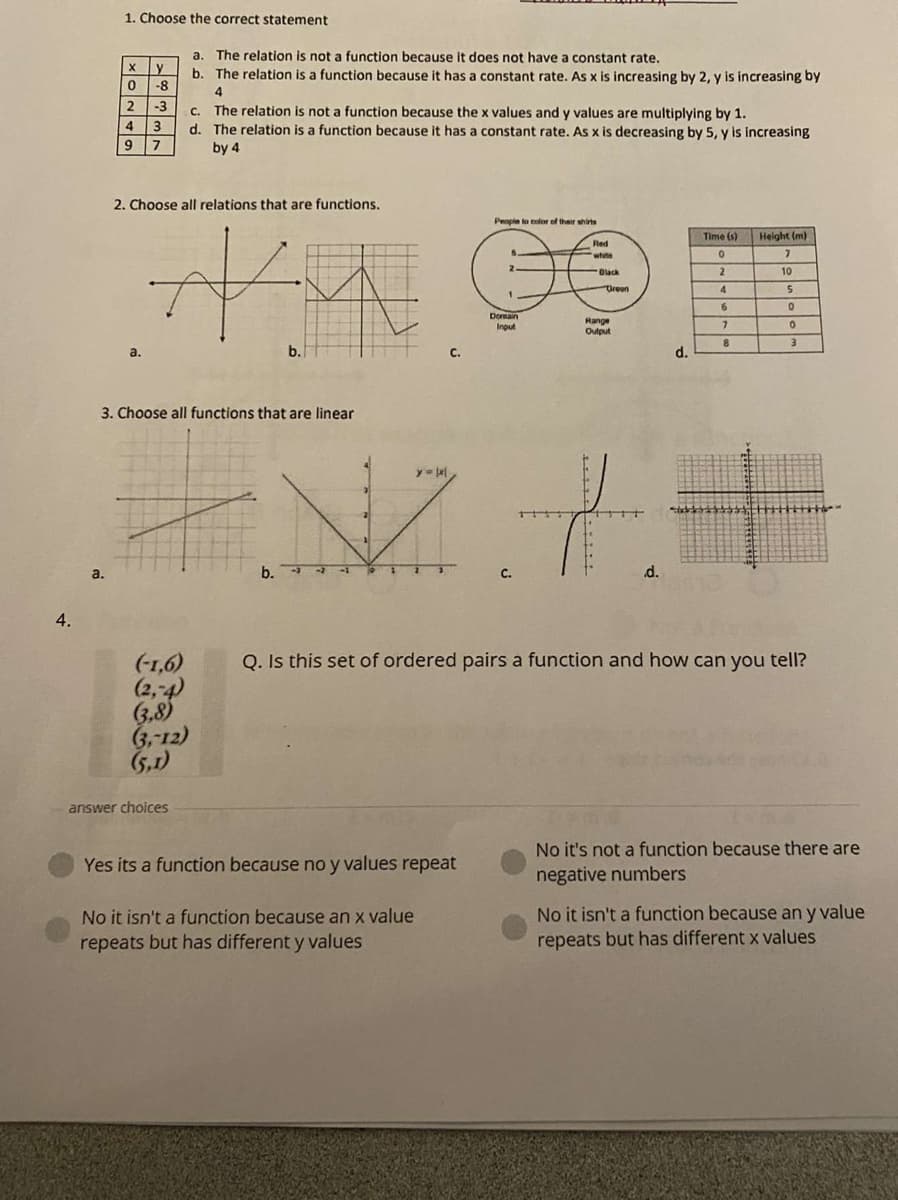 1. Choose the correct statement
a. The relation is not a function because it does not have a constant rate.
y
b. The relation is a function because it has a constant rate. As x is increasing by 2, y is increasing by
-8
-3
C. The relation is not a function because the x values and y values are multiplying by 1.
d. The relation is a function because it has a constant rate. As x is decreasing by 5, y is increasing
4
9
by 4
2. Choose all relations that are functions.
Penpie to eor of thair shirts
Time (s)
Helght (m)
Red
white
2
10
Oreen
6.
Domain
Input
Range
Output
8.
a.
b.
C.
d.
3. Choose all functions that are linear
y
a.
b. 2
с.
d.
4.
Q. Is this set of ordered pairs a function and how can you tell?
(-1,6)
(2,-4)
(3,8)
6,-12)
(5,1)
answer choices
No it's not a function because there are
Yes its a function because no y values repeat
negative numbers
No it isn't a function because an y value
repeats but has different x values
No it isn't a function because an x value
repeats but has different y values
