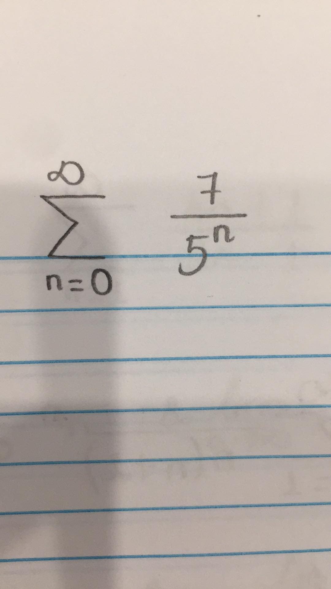 On this page, we are exploring a mathematical series involving summation notation.

The provided expression is written as: 

\[
\sum_{n=0}^{\infty} \frac{7}{5^n}
\]

### Explanation:
- **Summation Notation**: The capital Greek letter sigma (∑) signifies a summation. It is used to denote the sum of a sequence of terms.
- **Lower Limit (n=0)**: The variable \( n \) starts at 0.
- **Upper Limit (∞)**: The variable \( n \) goes to infinity, indicating this is an infinite series.
- **Term Inside Summation**: The term to be summed is \( \frac{7}{5^n} \).

### Series Explanation:
This is a geometric series where each term is of the form \( \frac{7}{5^n} \). Geometric series have a common ratio between consecutive terms. Here, the common ratio is \( \frac{1}{5} \).

### Convergence:
For an infinite geometric series to converge, the common ratio \( r \) must satisfy \( |r| < 1 \). In this case, \( r = \frac{1}{5} \), which is less than 1, so the series converges.

### Sum of the Infinite Series:
The sum \( S \) of an infinite geometric series \( \sum_{n=0}^{\infty} ar^n \) can be calculated using the formula:
\[
S = \frac{a}{1 - r}
\]
where \( a \) is the first term and \( r \) is the common ratio.

For this series:
- The first term \( a \) is \( 7 \).
- The common ratio \( r \) is \( \frac{1}{5} \).

Plugging in these values:
\[
S = \frac{7}{1 - \frac{1}{5}} = \frac{7}{\frac{4}{5}} = 7 \times \frac{5}{4} = \frac{35}{4} = 8.75
\]

### Conclusion:
The sum of the infinite series \( \sum_{n=0}^{\infty} \frac{7}{5^n} \) is \( 8.75 \). This is a key property of convergent geometric series and