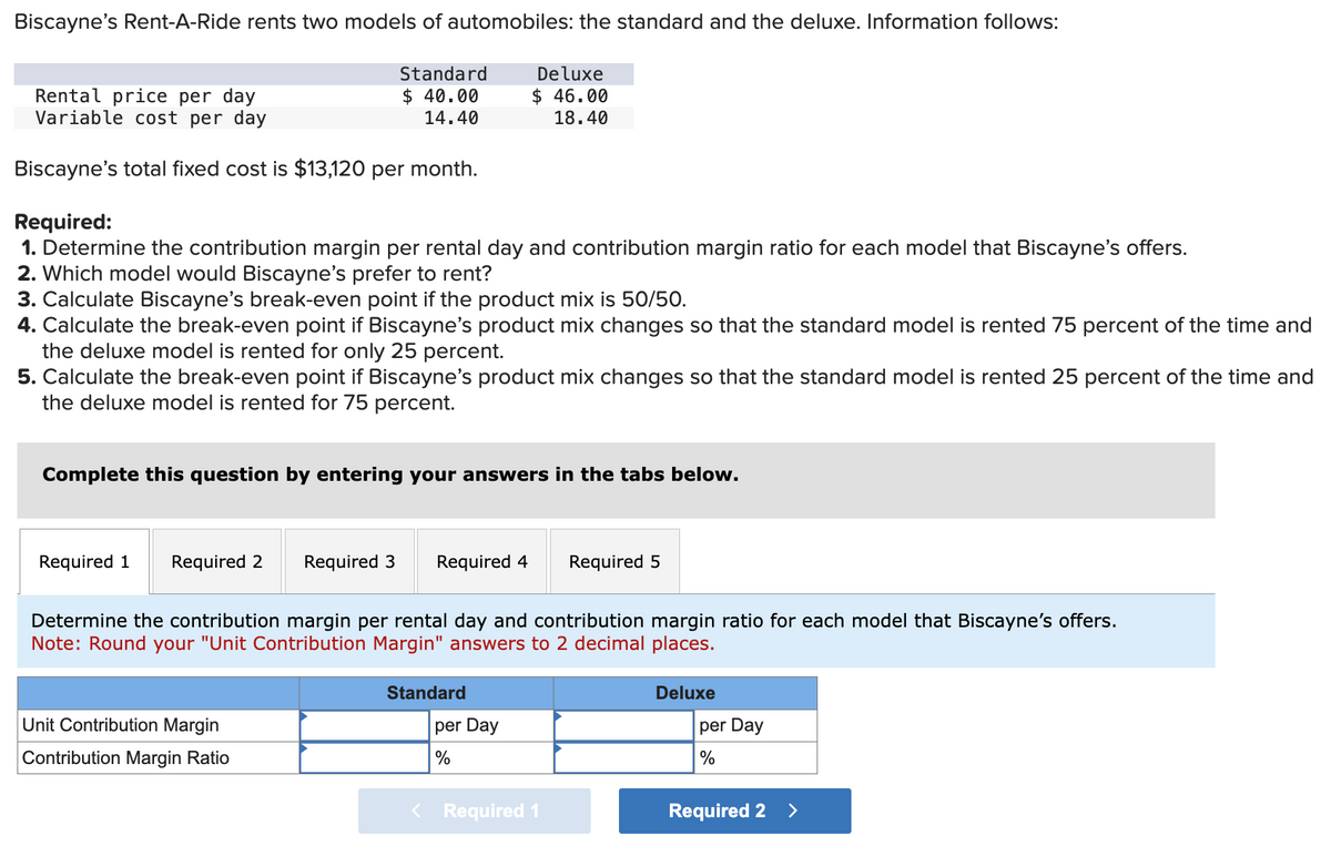 Biscayne's Rent-A-Ride rents two models of automobiles: the standard and the deluxe. Information follows:
De luxe
$ 46.00
18.40
Rental price per day
Variable cost per day
Biscayne's total fixed cost is $13,120 per month.
Required:
1. Determine the contribution margin per rental day and contribution margin ratio for each model that Biscayne's offers.
2. Which model would Biscayne's prefer to rent?
3. Calculate Biscayne's break-even point if the product mix is 50/50.
4. Calculate the break-even point if Biscayne's product mix changes so that the standard model is rented 75 percent of the time and
the deluxe model is rented for only 25 percent.
Standard
$ 40.00
14.40
5. Calculate the break-even point if Biscayne's product mix changes so that the standard model is rented 25 percent of the time and
the deluxe model is rented for 75 percent.
Complete this question by entering your answers in the tabs below.
Required 1 Required 2
Unit Contribution Margin
Contribution Margin Ratio
Required 3 Required 4 Required 5
Determine the contribution margin per rental day and contribution margin ratio for each model that Biscayne's offers.
Note: Round your "Unit Contribution Margin" answers to 2 decimal places.
Standard
per Day
%
< Required 1
Deluxe
per Day
%
Required 2 >