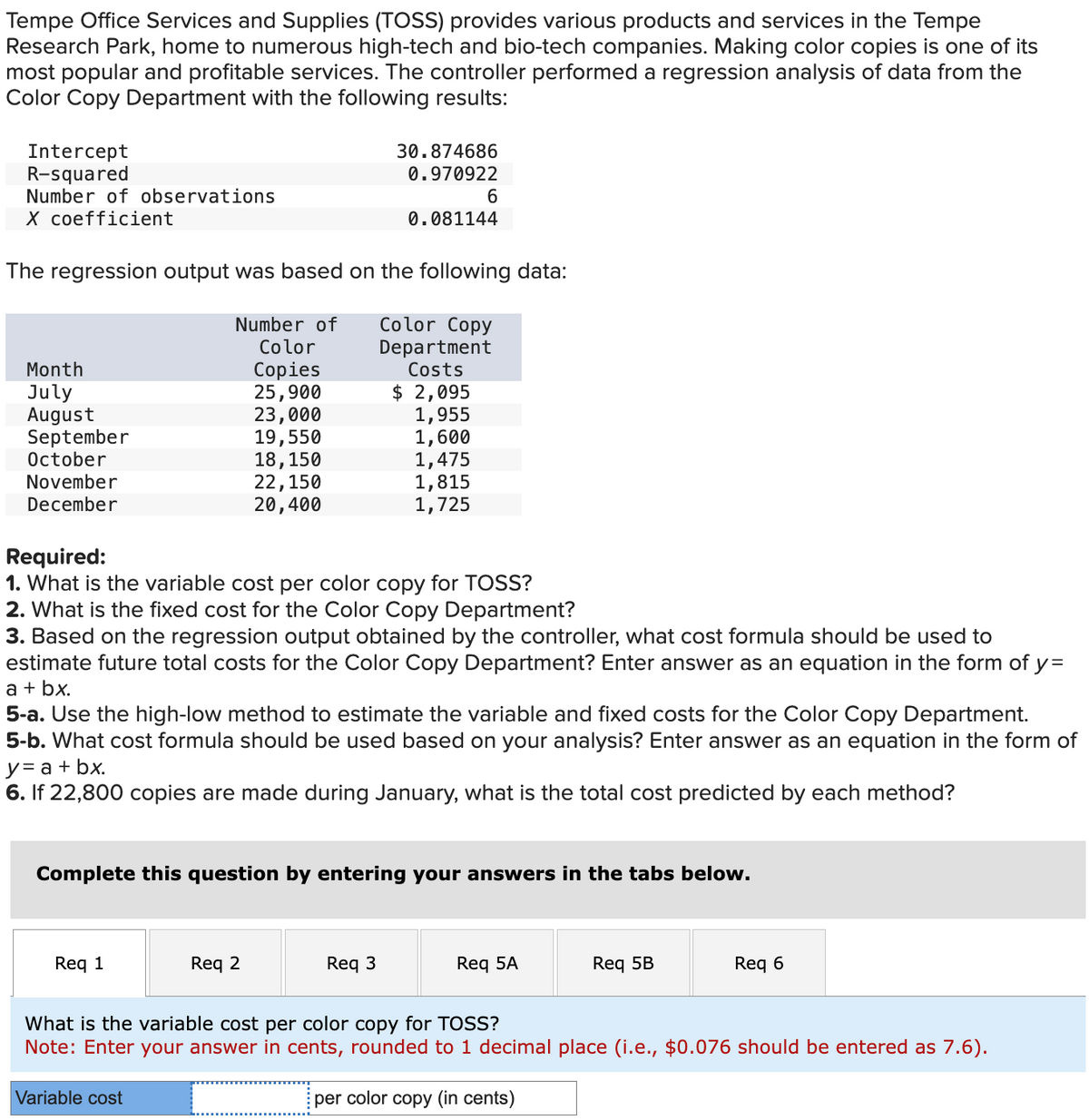 Tempe Office Services and Supplies (TOSS) provides various products and services in the Tempe
Research Park, home to numerous high-tech and bio-tech companies. Making color copies is one of its
most popular and profitable services. The controller performed a regression analysis of data from the
Color Copy Department with the following results:
Intercept
R-squared
Number of observations
X coefficient
Month
July
August
September
October
November
December
The regression output was based on the following data:
Number of Color Copy
Color
Copies
25,900
23,000
19,550
18, 150
22,150
20,400
30.874686
0.970922
Req 1
6
0.081144
Required:
1. What is the variable cost per color copy for TOSS?
2. What is the fixed cost for the Color Copy Department?
3. Based on the regression output obtained by the controller, what cost formula should be used to
estimate future total costs for the Color Copy Department? Enter answer as an equation in the form of y=
a + bx.
Req 2
Variable cost
Department
Costs
$ 2,095
1,955
1,600
1,475
1,815
1,725
5-a. Use the high-low method to estimate the variable and fixed costs for the Color Copy Department.
5-b. What cost formula should be used based on your analysis? Enter answer as an equation in the form of
y = a +bx.
6. If 22,800 copies are made during January, what is the total cost predicted by each method?
Req 3
Complete this question by entering your answers in the tabs below.
Req 5A
Req 5B
Req 6
What is the variable cost per color copy for TOSS?
Note: Enter your answer in cents, rounded to 1 decimal place (i.e., $0.076 should be entered as 7.6).
per color copy (in cents)